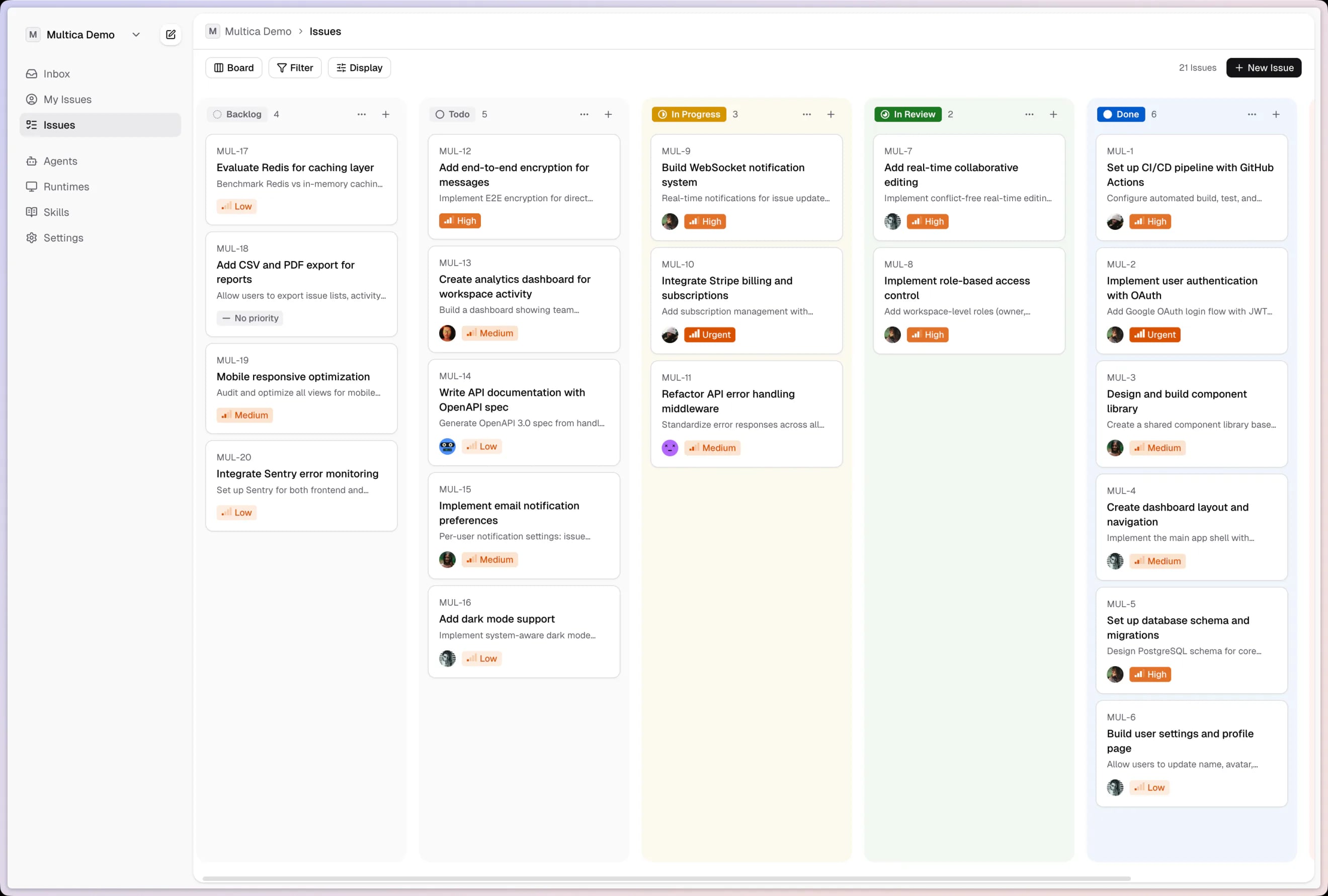 Neo Station board view — issues managed by humans and agents